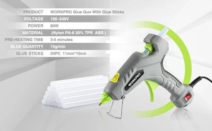 WORKPRO 60W Hot Glue Gun Household Mini Guns Electric Heat Temperature Tool with 20pcs Glue Sticks for Home DIY Repair Tool